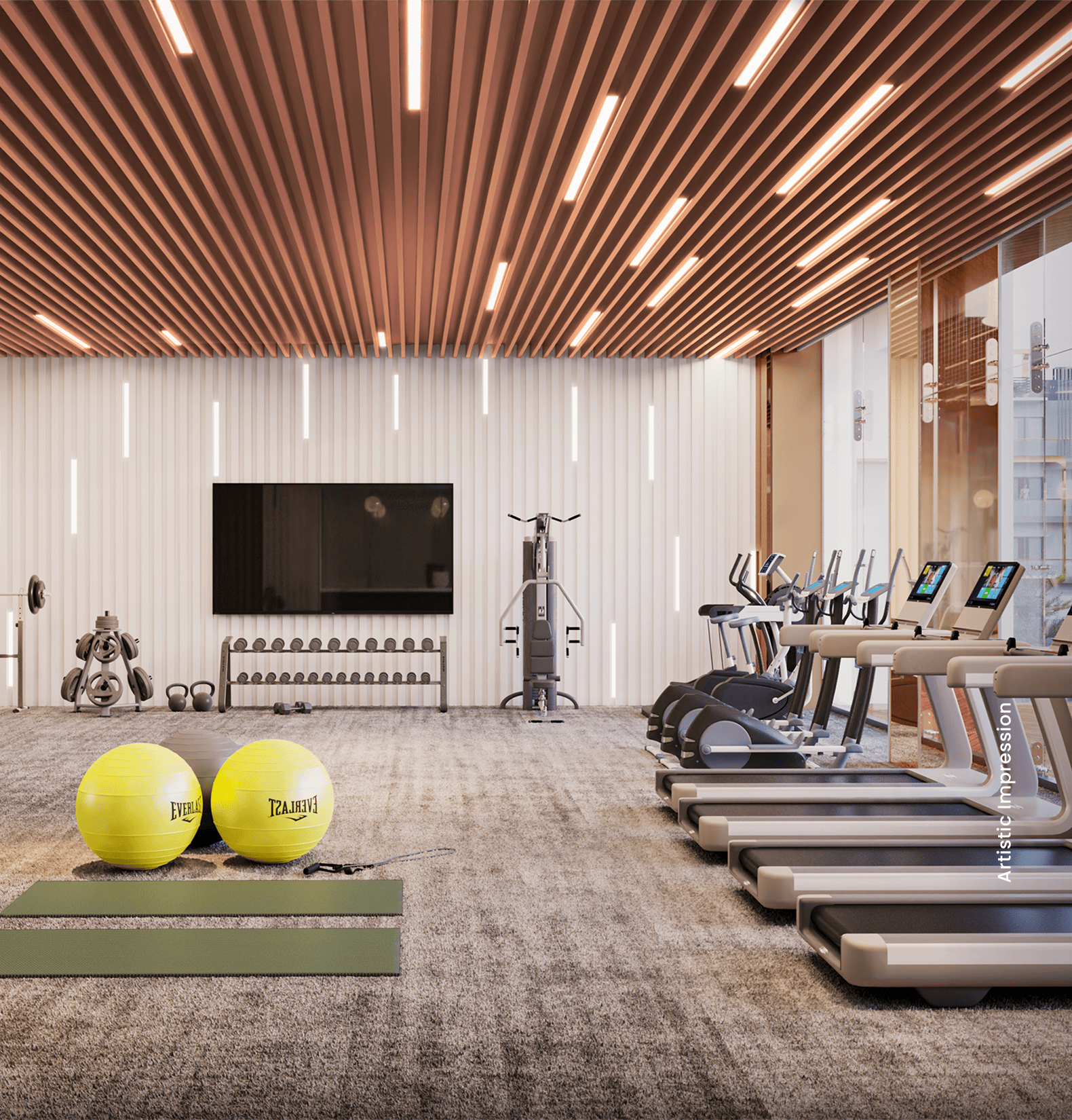 Modern, fully equipped gym.
