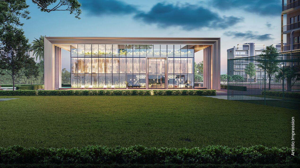 Landscaped green gardens.