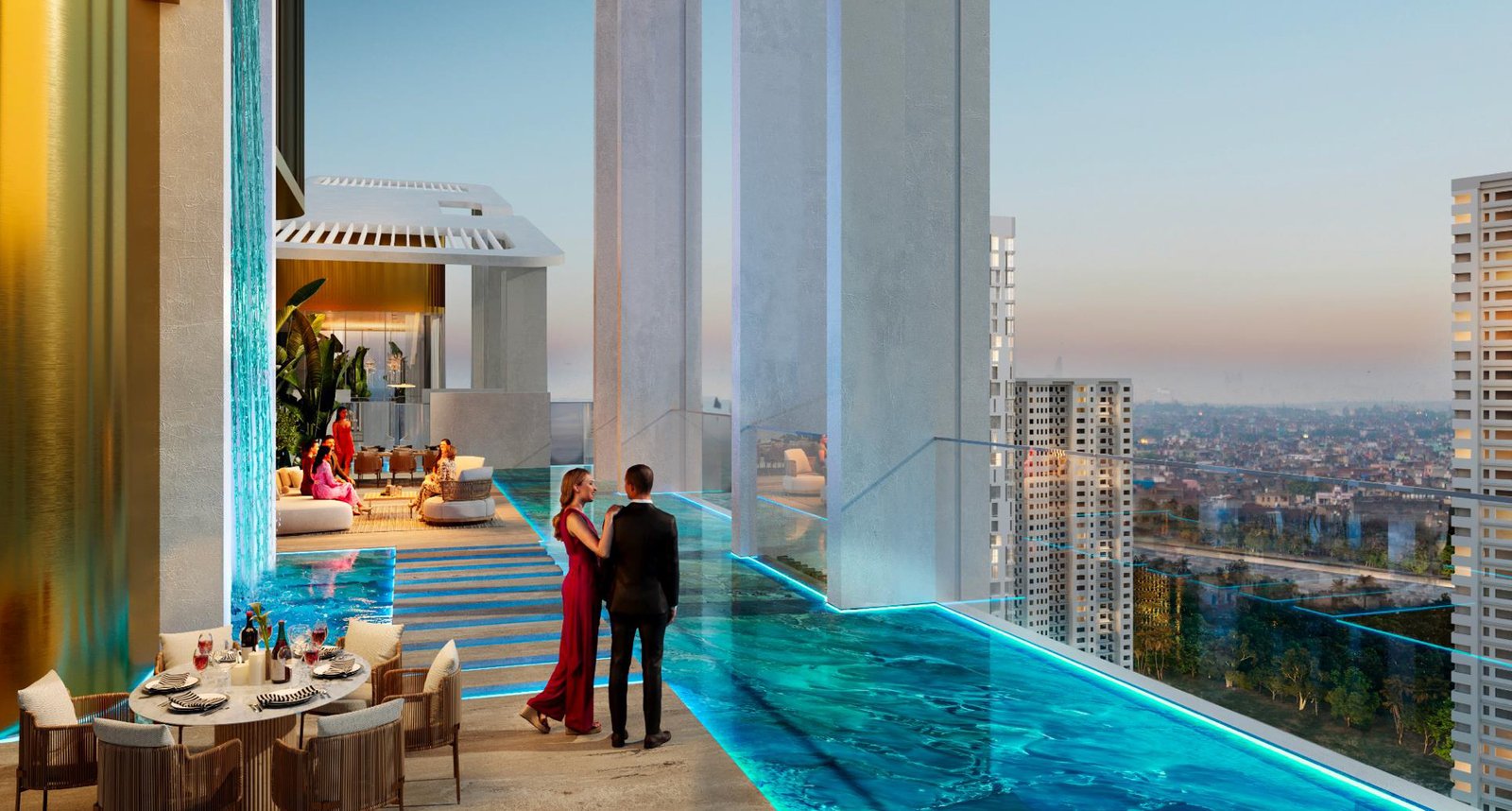 Rooftop swimming pool with relaxing deck area